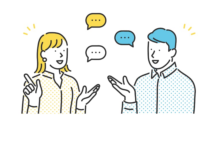 A cartoon drawing shows a woman with yellow hair, holding up her hands, facing towards a man with blue hair, also gesturing with his hand. They speak into speech bubbles that have elipses in them.