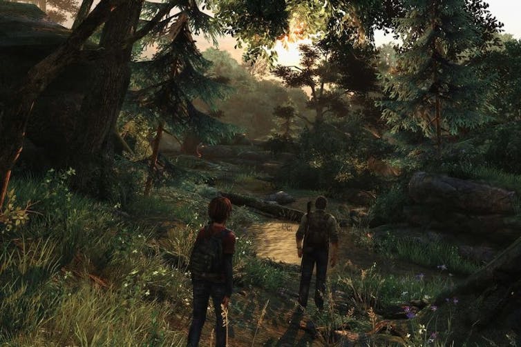 Dibujo de dos personajes, Joel y Ellie cruzando un bosque.