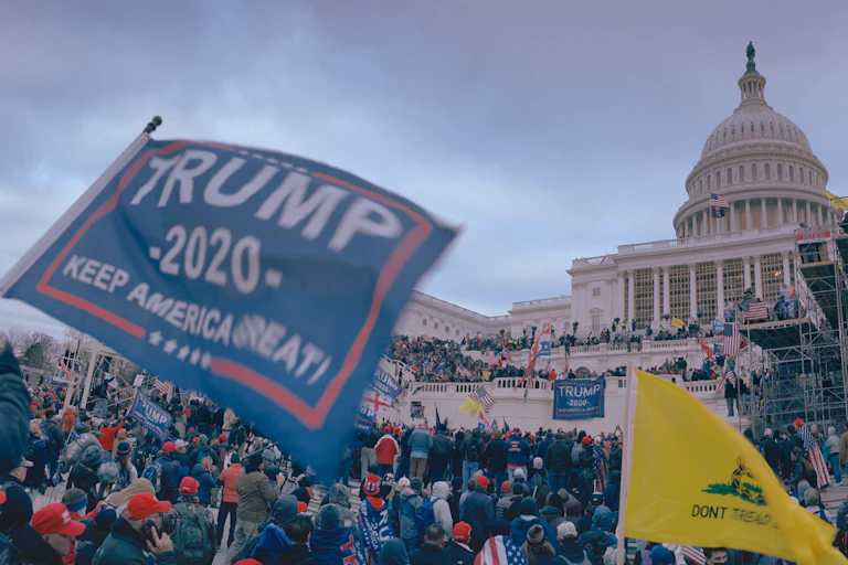 Flags waving outside the Capitol building.