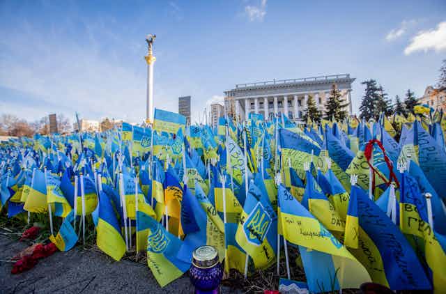 Ukrainian flags planted in a garden square in central Kyiv.