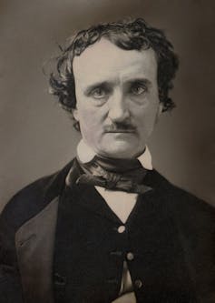 A black and white photograph of Edgar Allan Poe, wearing a cravat. His hair is unkempt and he has a neat moustache.