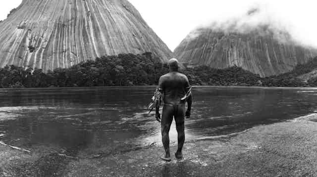 Un hombre indígena observa la naturaleza a su alrededor.