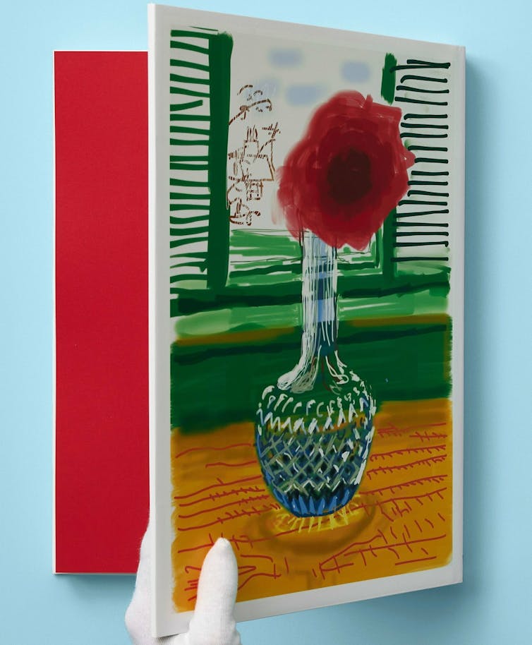 An iPad painting of a red poppy with a black centre in a thin=necked vase sitting in a window.