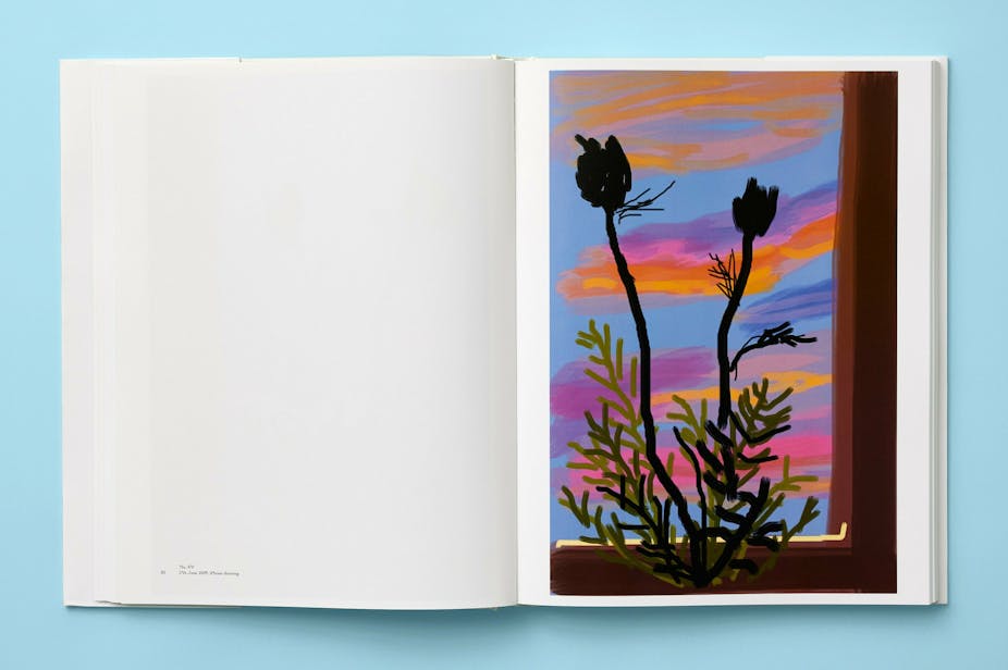 A spread from David Hockney's book My Window showing some flowers at this window with a sunrise-streaked sky.