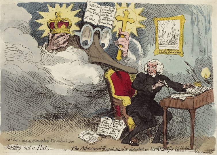 Satirical cartoon of Richard Price at his writing desk overlooked by a large nose and eyes surrounded by haze representing Edmund Burke, carrying a crown, a cross and a copy of his pamphlet.