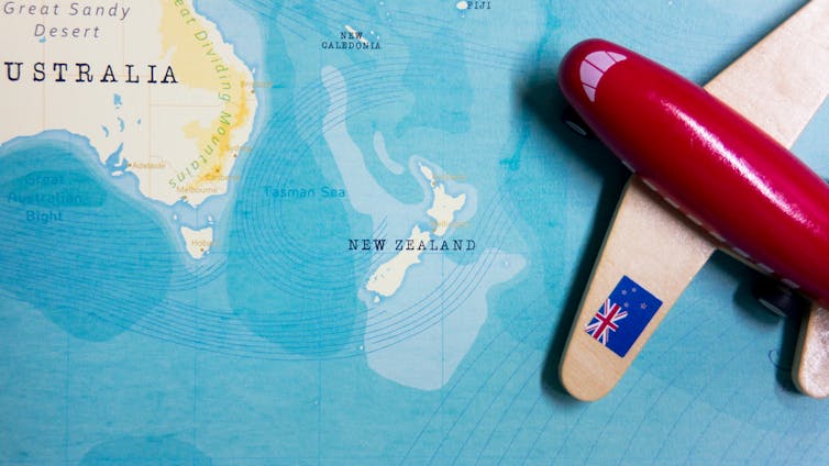 A map of New Zealand and a red plane with a flag of New Zealand attached to its wings.