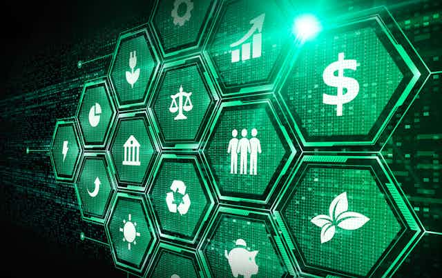Green backlit hexagons with symbols representing money, the environment, justice and other principles