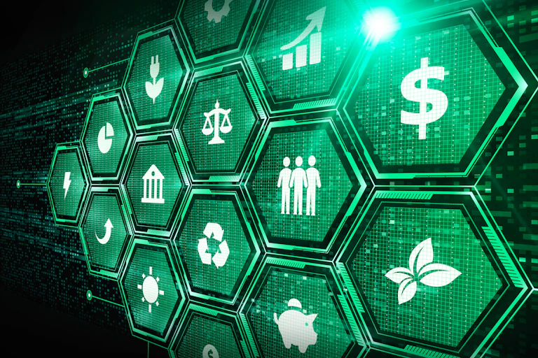 Green backlit hexagons with symbols representing money, the environment, justice and other principles