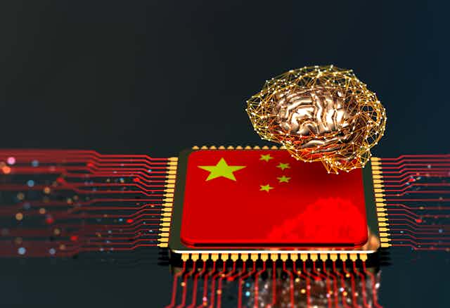 A computer chip with the Chinese flag on it and a brain above.