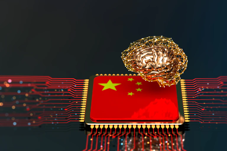 A computer chip with the Chinese flag on it and a brain above.