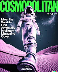 a magazine cover illustration showing an astronaut striding toward the viewer on a desert-like planet