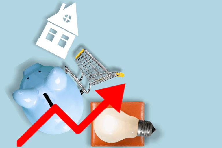 Model house, piggy bank, bulb, wallet, shopping trolley, red arrow pointing upwards, blue background.