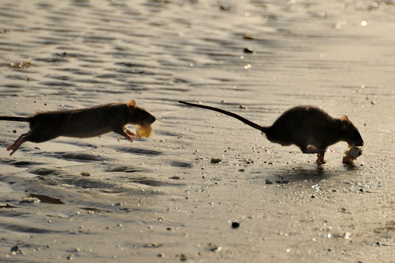 Three rats on a beach running away from the sea.