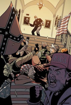 A man wears a MAGA hat and another holds the Confederate flag as they invade the White House.