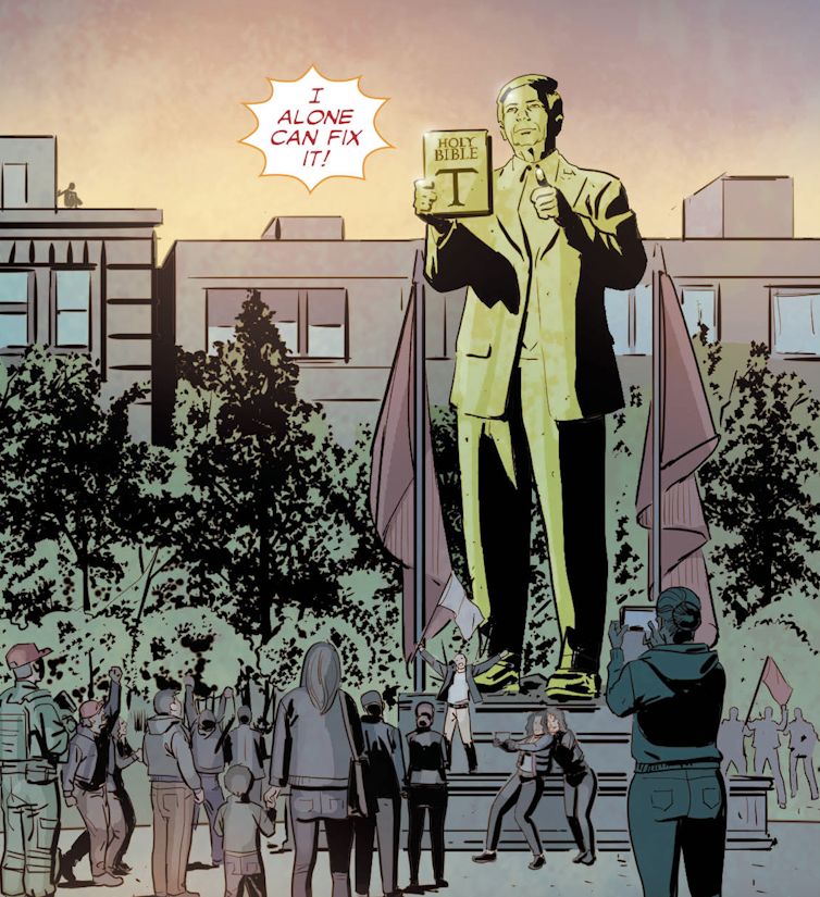 A panel from 1/6 showing a golden statue of Donald Trump who holds a copy of the Bible. People are gathered taking photographs.