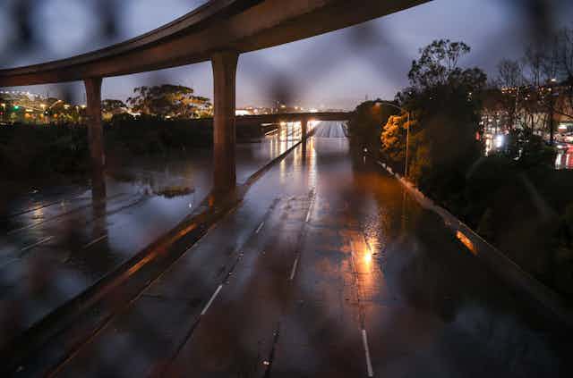 A flooded road near San Francisco in the rain.