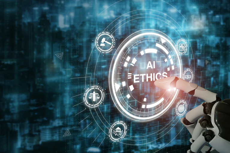 A robotic hand taps the phrase "AI ethics" on a touch screen