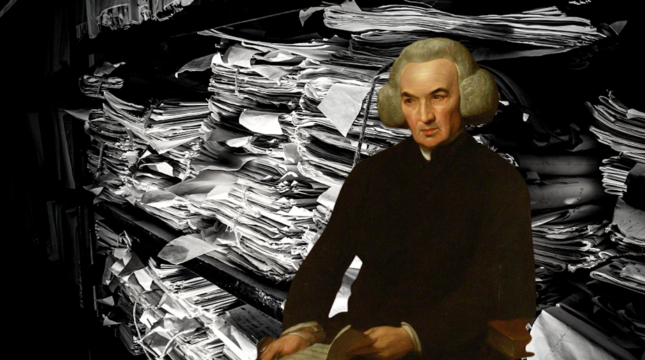 A painting of Richard Price reading a letter dated 1784 from Benjamin Franklin, superimposed upon a black and white shelf of documents