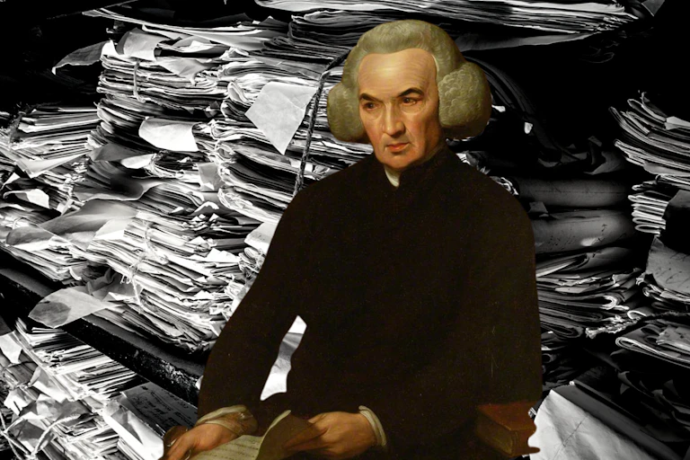 A painting of Richard Price reading a letter dated 1784 from Benjamin Franklin, superimposed upon a black and white shelf of documents