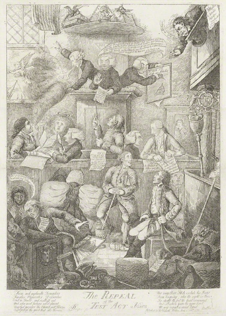 An illustration from 1790 showing three men speaking from a church pulpit to a group of others reading and tearing up documents.