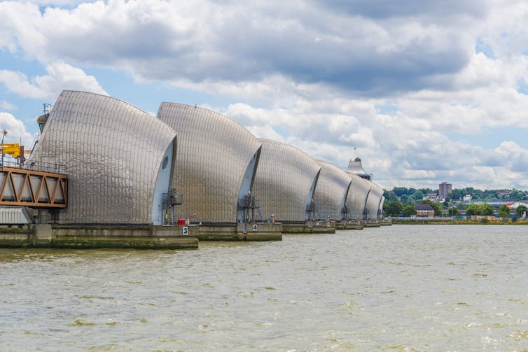 The Thames Barrier, stretching across the River Thames in London.