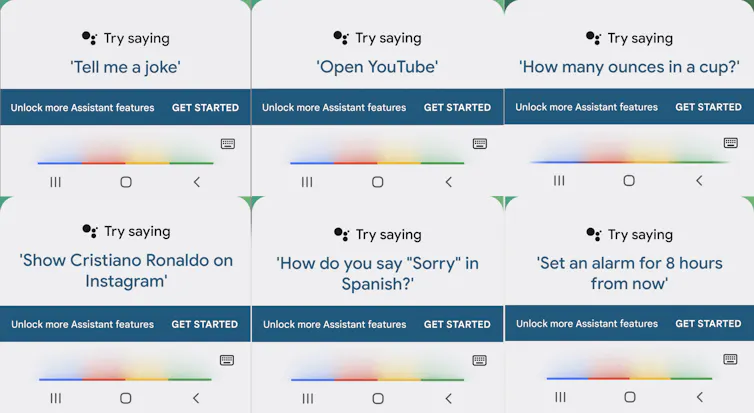 Six screenshots of Google Assistant suggestions.
