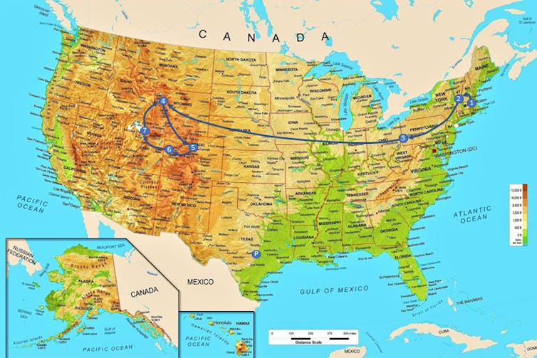 Mapa de Estados Unidos que indica el viaje dentro del juego.