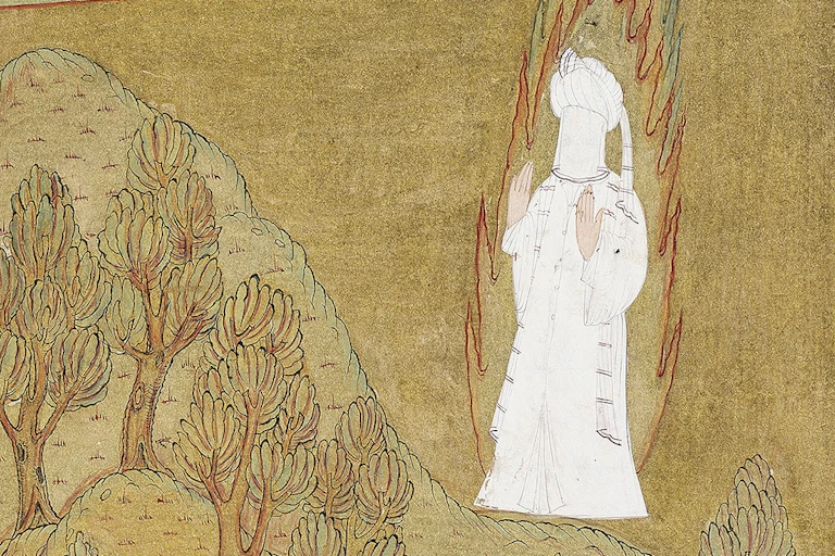 A painting set on gold-colored background showing a figure dressed in white with hands raised in prayer.