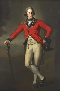 A painting of Thomas Bruce, 7th Earl of Elgin in a red jacket and white trousers. He leans on a sword and wears a powdered grey wig.