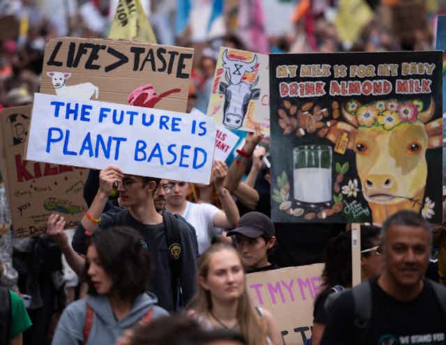 Protestors march with signs supporting veganism.
