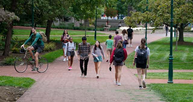 Students walking on a campus.