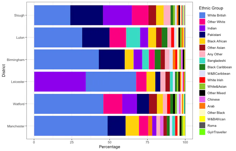 Colourful bar charts showing population breakdowns.