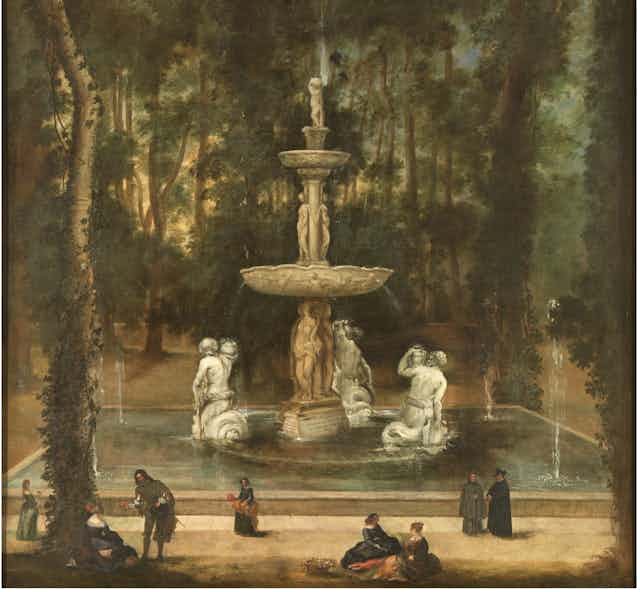 Pintura de gente sentada alrededor de una fuente en un parque de Aranjuez.