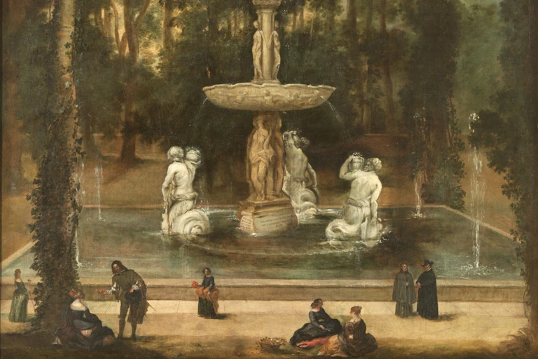 Pintura de gente sentada alrededor de una fuente en un parque de Aranjuez.