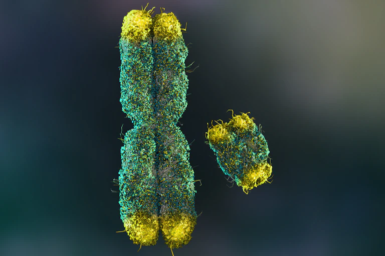 Rendu 3D de deux chromosomes - un plus grand en forme de x et un plus petit qui représente le chromosome y.