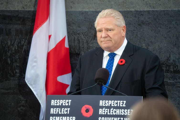 Doug Ford looking glum during a speech