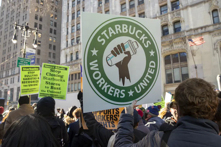 Starbucks workers protesting in the streets