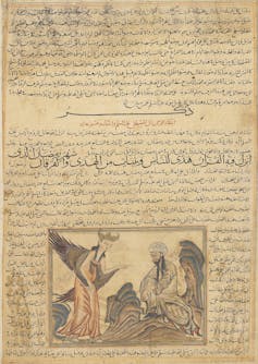A folio from a manuscript showing an image of a winged angel and a man seated in reverence before it.