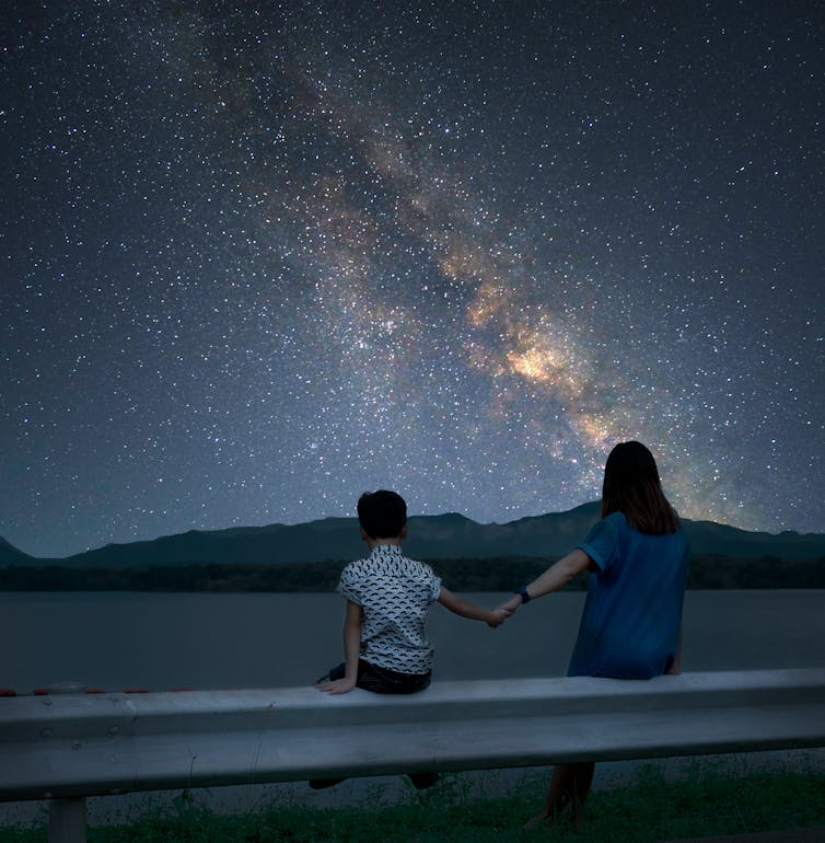 Mother and child looking up at Milky Way