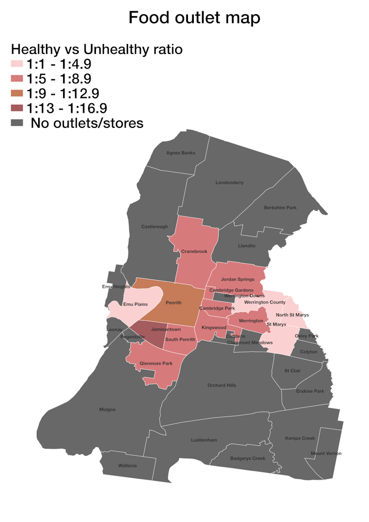 Map showing ratios of healthy-to-non-healthy food outlets in suburbs across a local government area