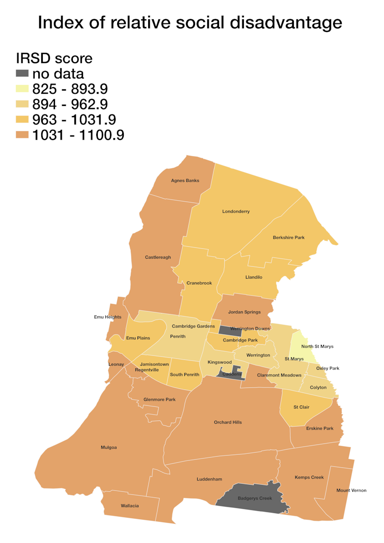 نقشه نشان دهنده شاخص آسیب اجتماعی نسبی برای هر حومه در سراسر یک منطقه دولتی محلی است
