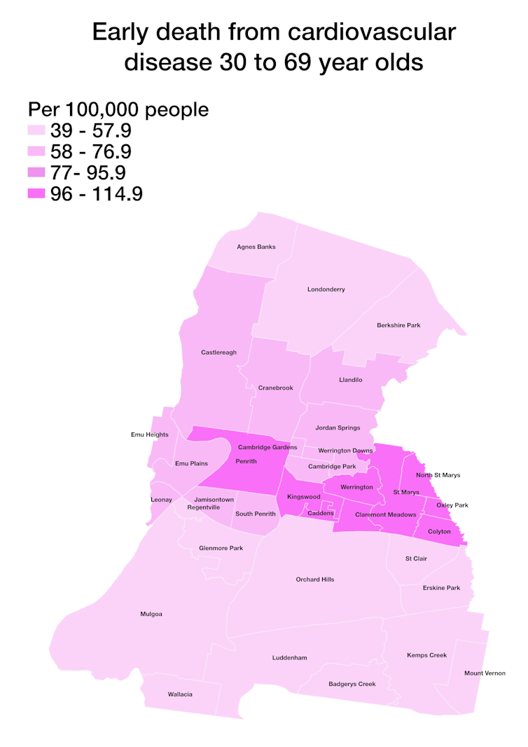 Map showing rates of early death from cardiovascular disease for each suburb across a local government area.