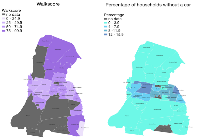 خرائط توضح مراكز المشي ومعدلات ملكية السيارات للضواحي عبر منطقة حكومية محلية