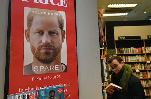 A poster for Prince Harry's memoir 'Spare' in a bookshop in London