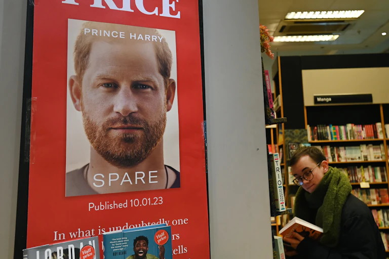 A poster for Prince Harry's memoir 'Spare' in a bookshop in London
