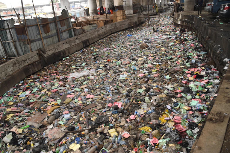 Plastic and other debris in a drainage