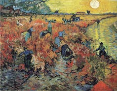 A landscape painting by Van Gogh depicting workers in a field at sunset.