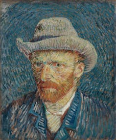 A self portrait in mainly blues using a pointillist technique.