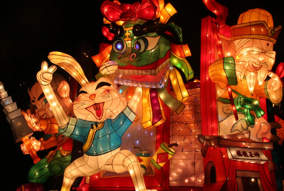Large lanterns of a rabbit, dragon and an old man.