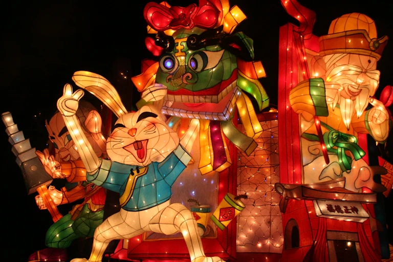 Large lanterns of a rabbit, dragon and an old man.